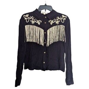 Idyllwind Fringe Button Up Shirt Women Medium Black Gold Festival Western Boho